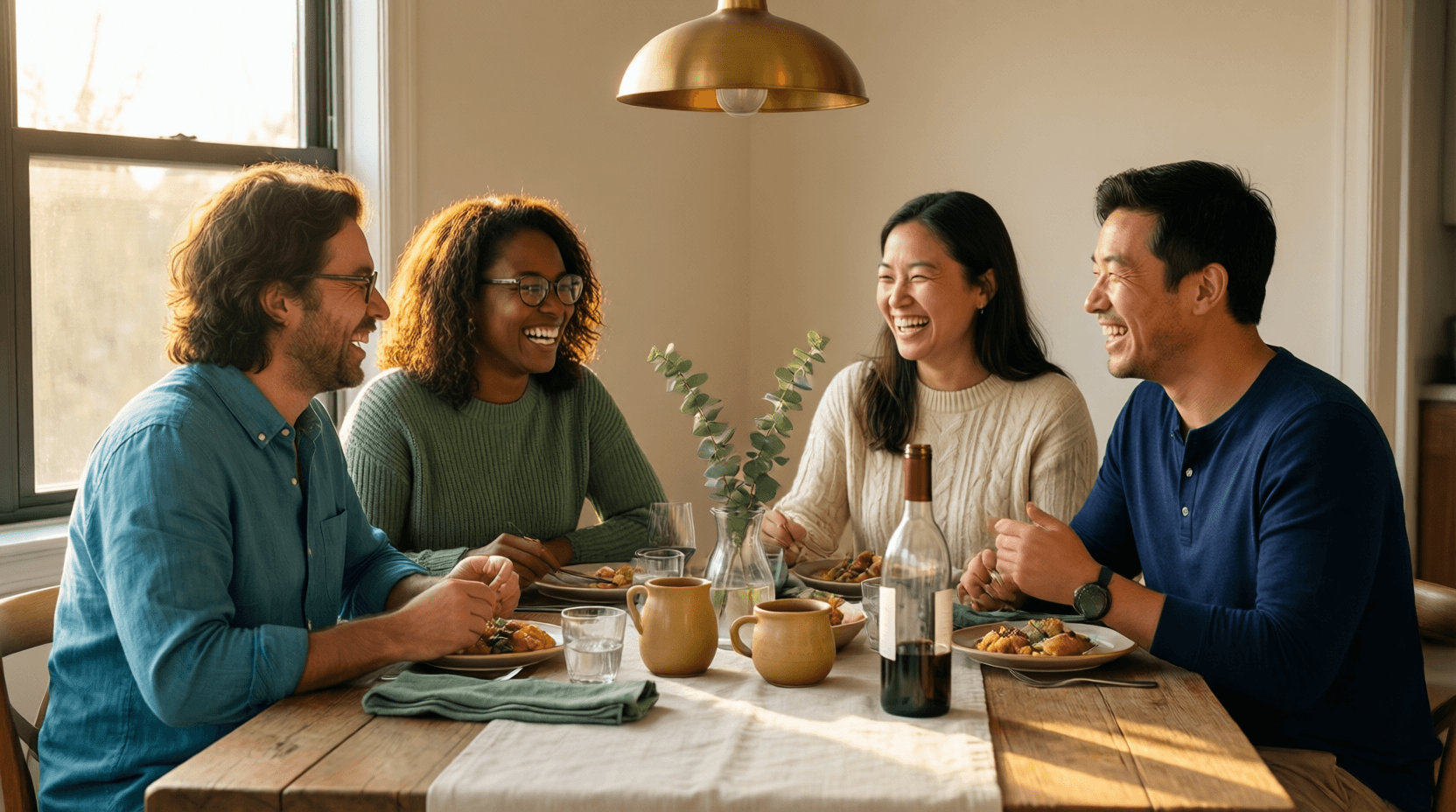 Two couples laughing together around a sunlit dinner table at their first hangout