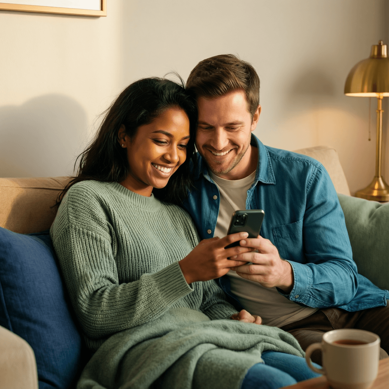 A couple at home on the sofa, smiling as they look at a phone together