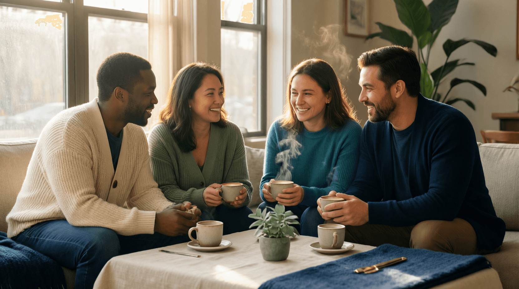 Two couples settling in together over coffee at a relaxed first hangout