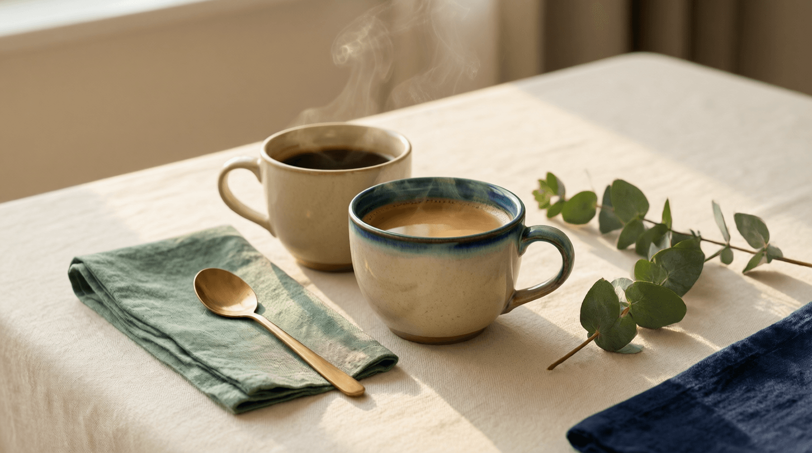 A calm still life of two coffee cups and a sage linen napkin on a cream table in soft morning light