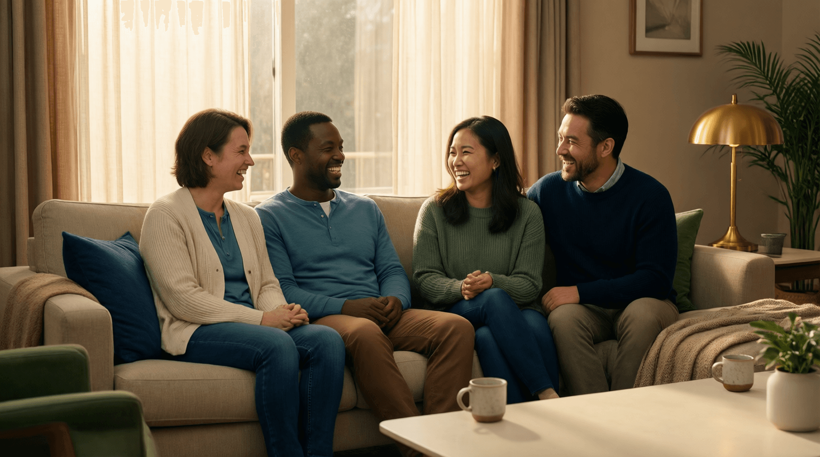 Two couples in warm conversation across a living-room sofa, mid-laugh