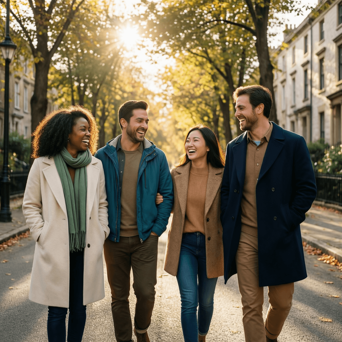 Four friends walking and laughing together along a tree-lined street
