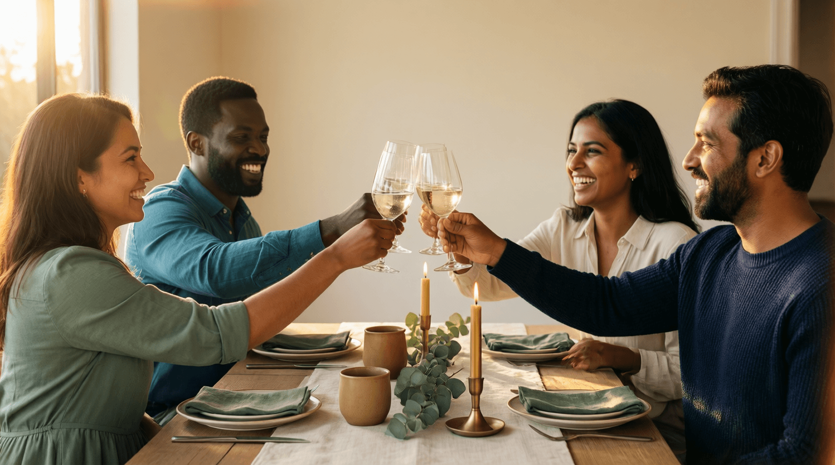 Two couples raising glasses in a warm toast to a new friendship