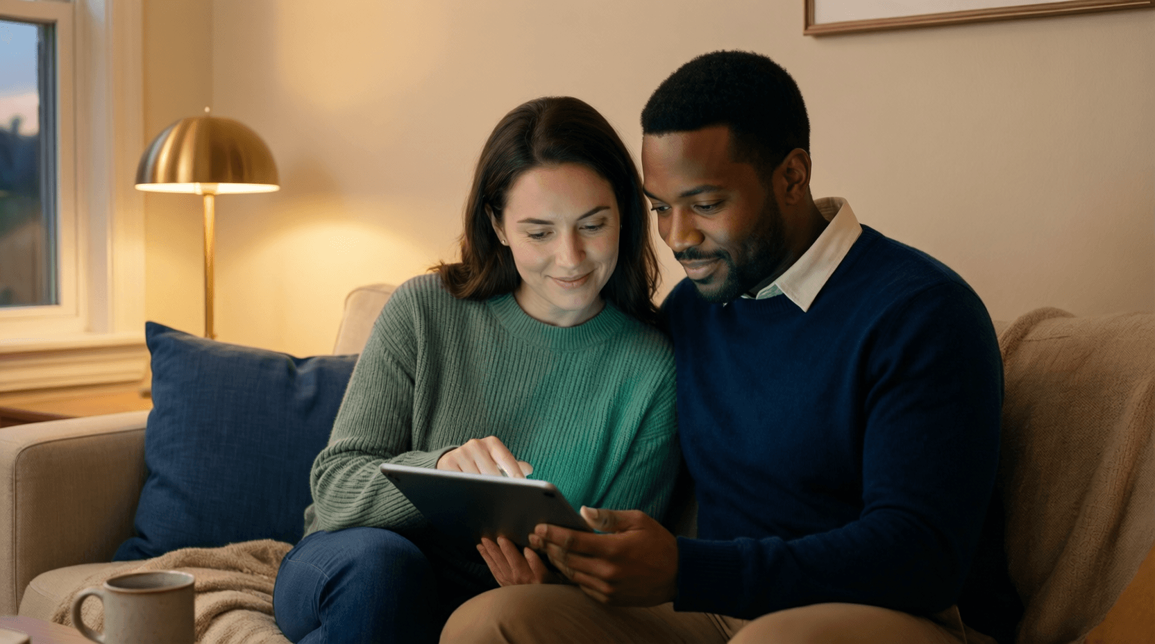 A couple at home in soft evening light, reviewing their profile together on a tablet